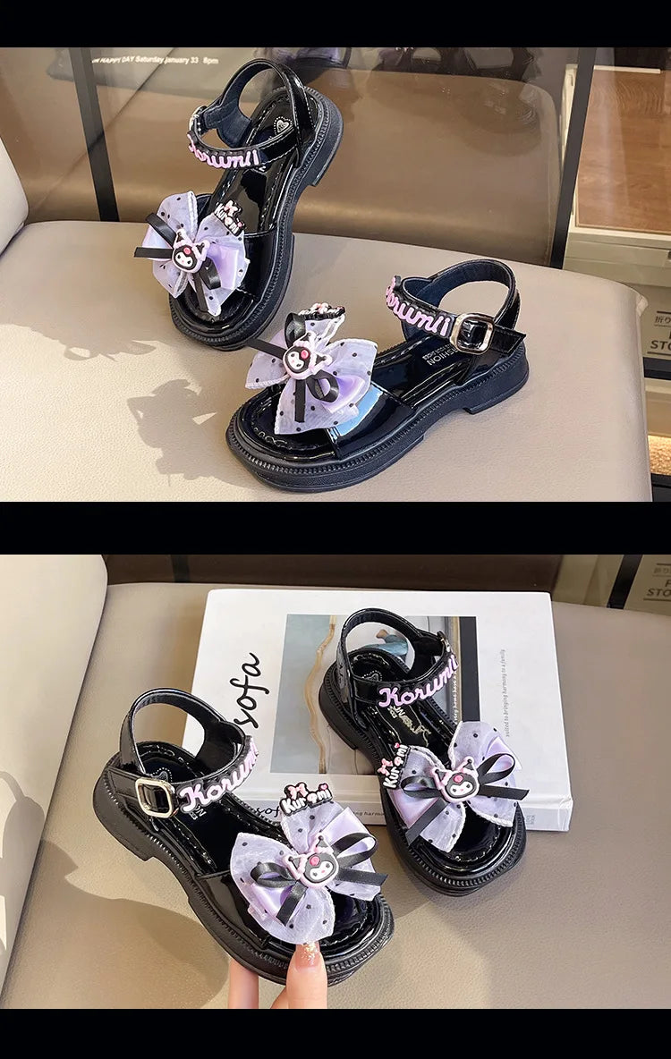 Kids'Sandals Kuromi PU Leather Bow Flat Spring Shoes For Girls Anti-slip Soft Thick Bottom White Black Shoes Size 25-36