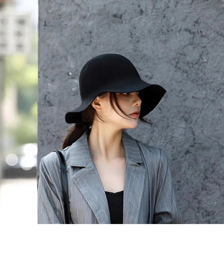 Hat Women's Autumn Wave Curled English Retro Versatile Fisherman Hat Fashion Hepburn Style Woolen Top Hat