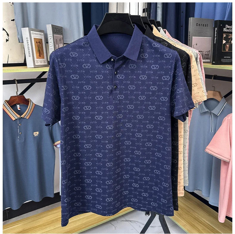 Luxury fashion brand trend printed short sleeve polo shirt men's summer new personality comfort breathable casual lapel T-shirt