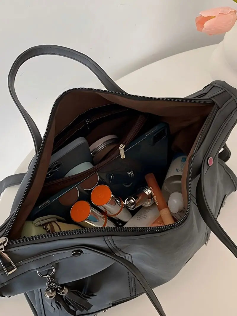 Vintage Designer Luxury Women Tote Bag Casual Lage Capacity Handbags Fashion Rivet Tassel PU Leather Female Shoulder Bag
