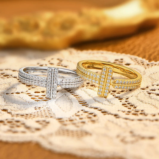 925 Sterling Silver Moissanite T-Bar Ring Double Band Paved Luxury Design Rings for Women Engagement Party Jewelry Gift