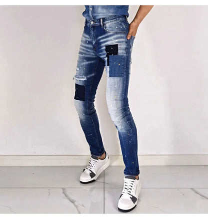 Street Fashion Men Jeans Retro Blue High Quality Elastic Skinny Fit Ripped Jeans Men Patched Designer Hip Hop Brand Pants Hombre