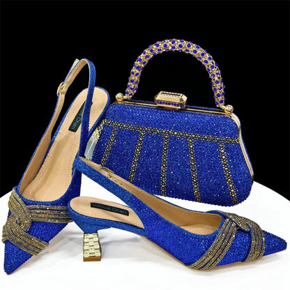 Special Design High Quality Orange Color African Women Shoes and Bag Set with Shinning Crystal for Wedding Party