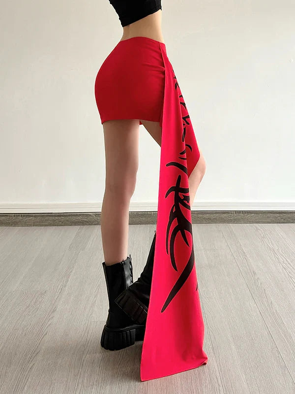 Y2K Millennium Graffiti High Waist Midi Skirt Women's Cool Unisex Asymmetrical Design Polyester Spandex Blend