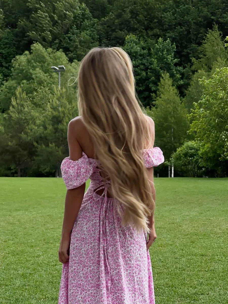 Women's Off Shoulder Floral Dress Summer New Fashionable Slit Long Slim Fit Print Dress Sexy Hot Girl Evening Dresses