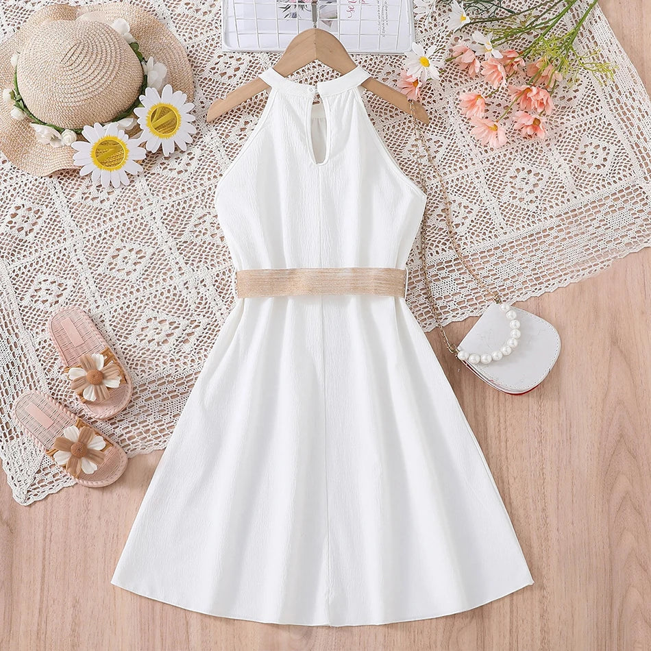 Elegant Summer Princess Dress for Teen Girls with Halter Neck and Off-Shoulder Children Sleeveless Casual Clothes with Belt