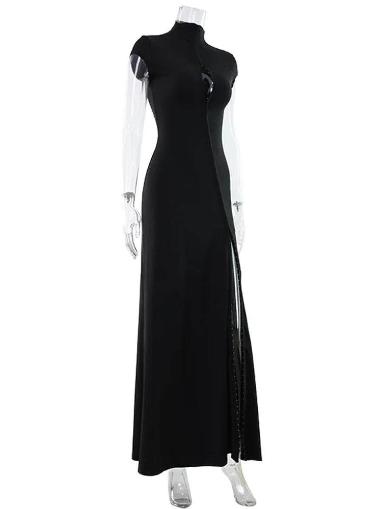 Short Sleeve O Neck Women Dresses Split Metal Buckle Solid Sheath Sexy Club Fashion Evening Party Outfits Female Bodycon