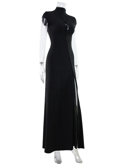 Short Sleeve O Neck Women Dresses Split Metal Buckle Solid Sheath Sexy Club Fashion Evening Party Outfits Female Bodycon