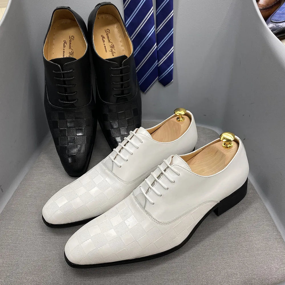 Size 7-12 Classic Italy Mens Oxford Real Leather Shoes White Lace Up Pointed Toe Wedding Party Dress Formal Shoes for Men