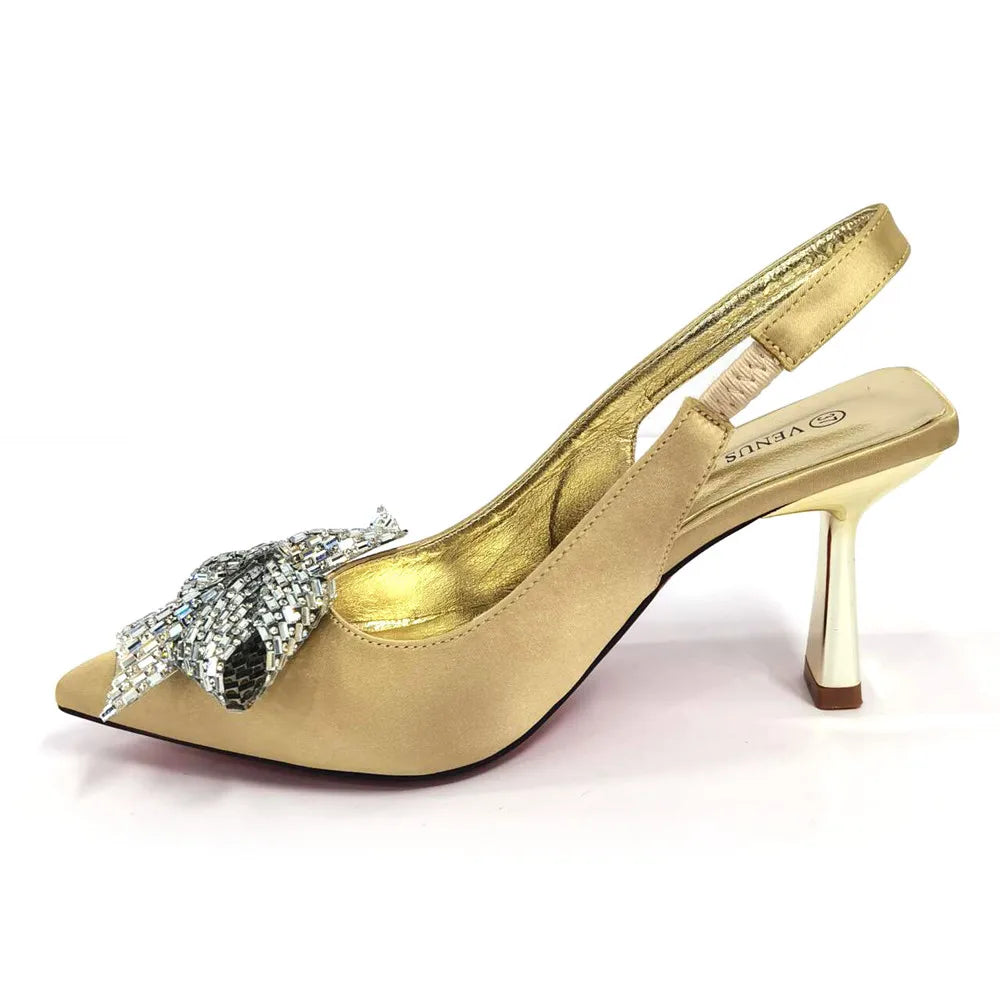 Italian Design Elegant Fuchsia Bow Rhinestone Pumps with Pointed Toe for Women 2024 Party Shoes and Bags Matching Set