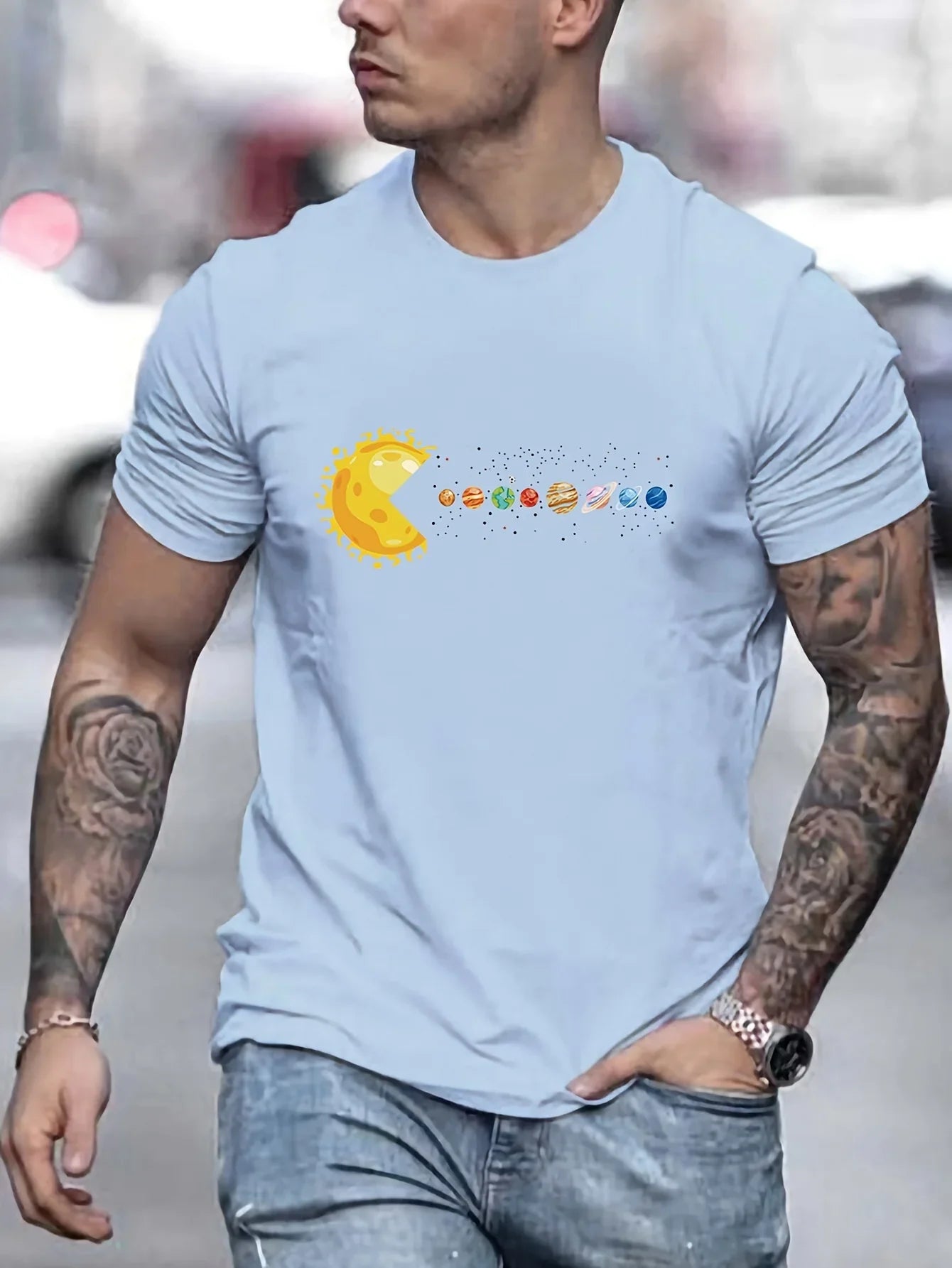 Men's 100% pure cotton summer loose and comfortable casual solar system Planets printed round neck short sleeved T-shirt top