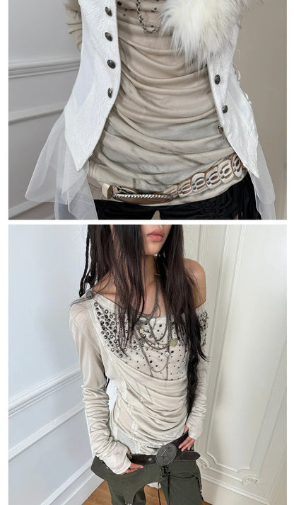 Aesthetics Off Shoulder Tops Trashy Y2k Diamonds Print T-shirt Vintage 2000s Style Streetwear Punk American Retro