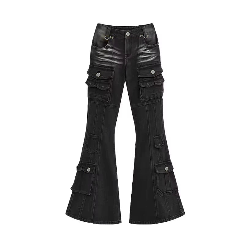 Black Low Waist Cargo Jeans 2000s Distressed Whiskers Multi-pocket Stretch Bootcut Pants Women Retro Grunge Streetwear