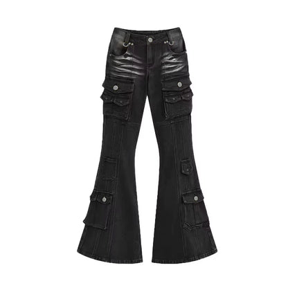 Black Low Waist Cargo Jeans 2000s Distressed Whiskers Multi-pocket Stretch Bootcut Pants Women Retro Grunge Streetwear