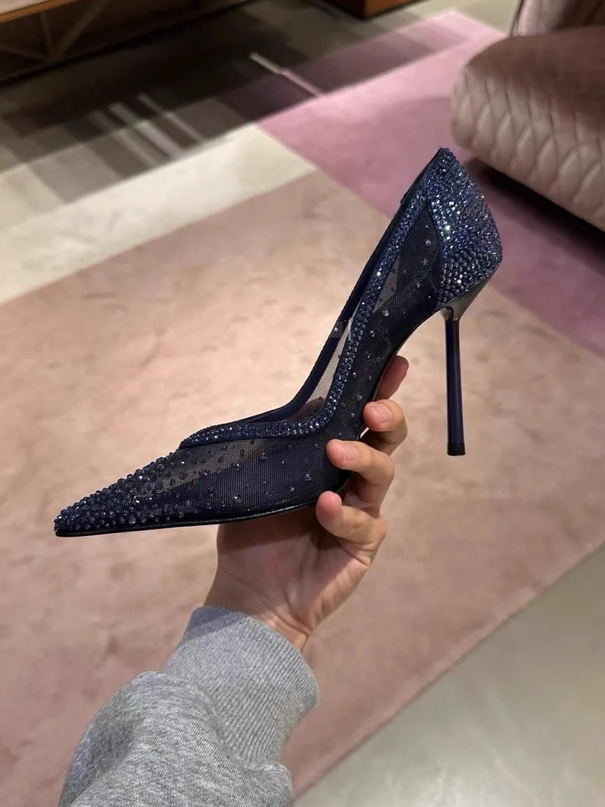 Novos sapatos femininos de salto alto finos pontiagudos com strass de malha, sapatilhas de bico fino, sandálias sexy apimentadas