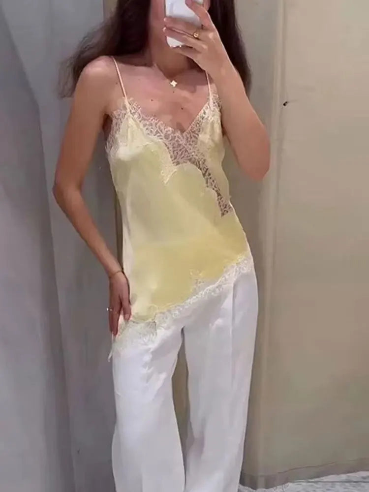 Women 2026 Trend Polka Dot Sling Tops Asymmetric Sleeveless V-Neck Lace Decorative Tops Elegant Fashion Holiday Outfits Camis