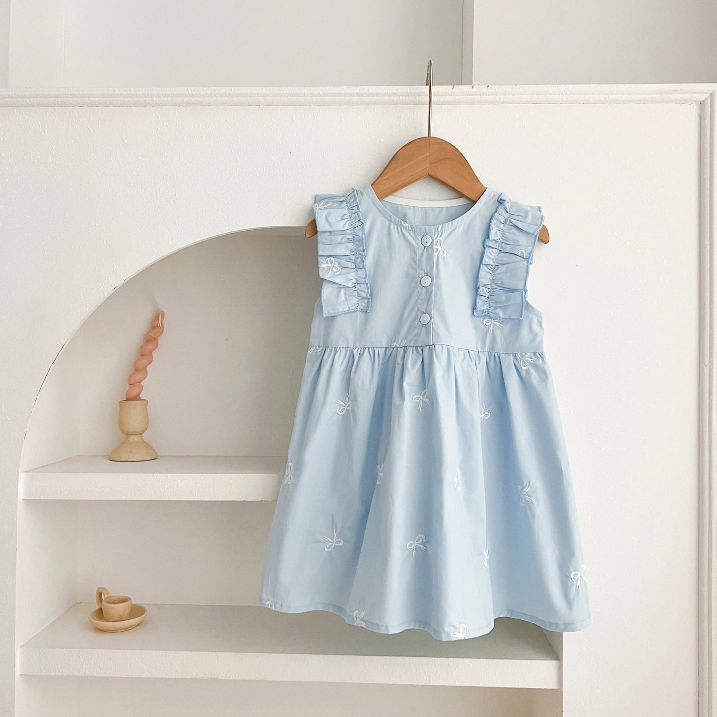 Summer Girls Dress Children's Clothing Bow Embroidered Flower Collar Girl's Dress Cartoon Printed Flying Sleeves Princess Dress