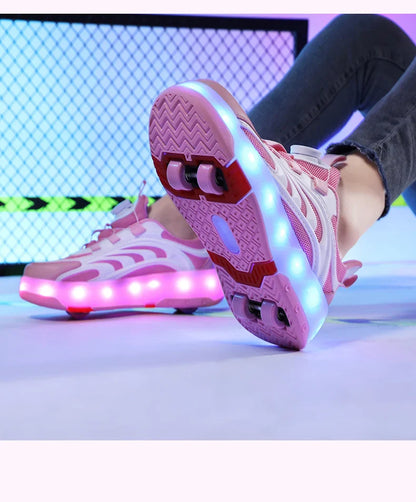 New Kids Wheels Roller Skate Shoes Boys Girls Swivel Buckle LED Light Luminous rechargeable Outdoor Children's Casual Sneakers