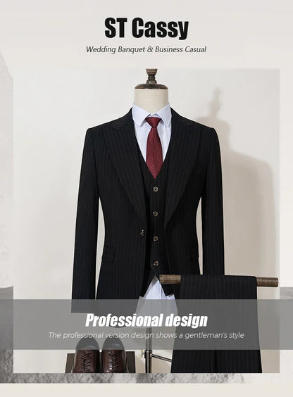 High-quality striped suits for men slim fit luxurious and elegant men's business suit 3-piece set party full men's suit