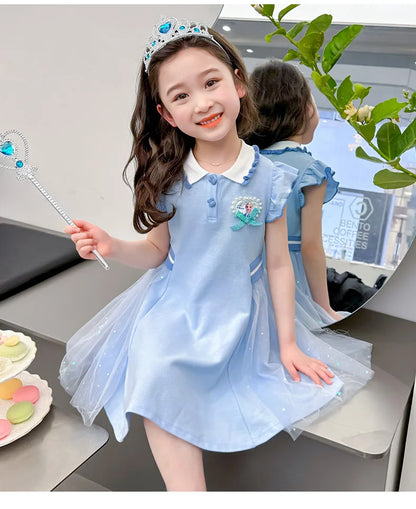 Girls Summer Princess Style Polo Dress Kids Casual Short Sleeve Lapel A-Line Dress Toddler Baby Girls Party Holiday