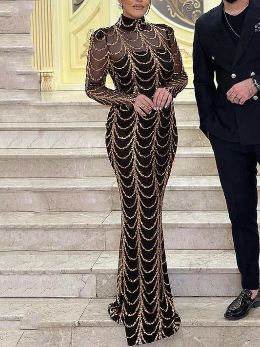 Long Sleeve High O Neck Stretch Sequin Formal Gown Padded Shoulder Full Length Lining Full Length Evening Night Party Dress