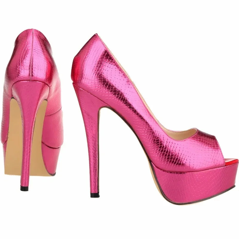 Women Sandals Sexy Pumps Patent Leather Platform Crocodile Pattern 14cm High Heels Peep Toe Stilettos Party Dress Wedding Shoes