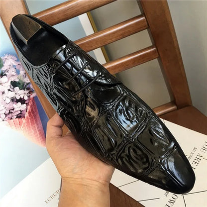 Business Men Crocodile Pattern Cowhide Genuine Leather Dress Shoes Lace Up Pointed Toe Derby Shoes Spring Wedding Formal Shoes