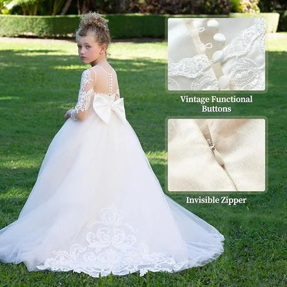 Communion Girl Dress Lace Appqulies Bodice Floor-length Skirt Puffy Dress with Long Train Formal Party Toddler Clothe