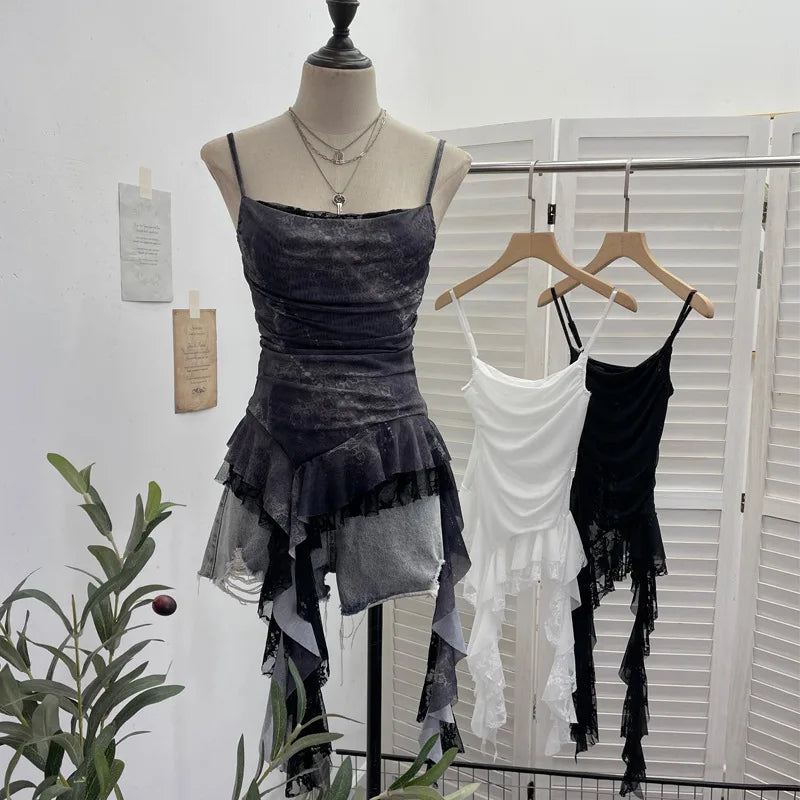 Summer Y2K Camisole for Women Casual Spaghetti Straps Double Layers Lace Stretch Mesh Patchwork Asymmetrical Slim Tops