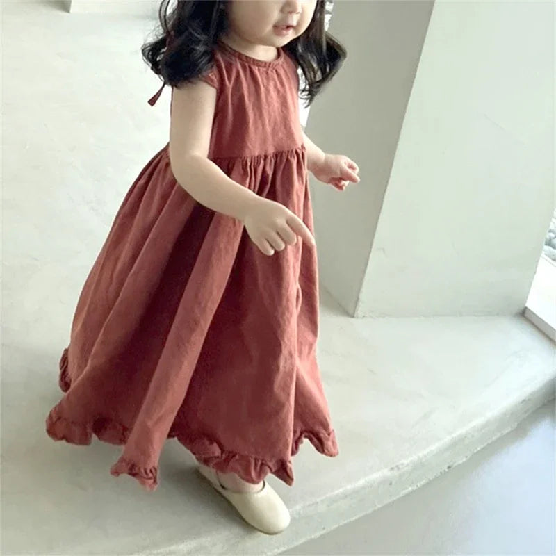 Korean Style New Summer Clothes for Baby Girl Dress Back V-neck Sleeveless Princess Dress Loose Doll Skirt Kids Clothes E1158