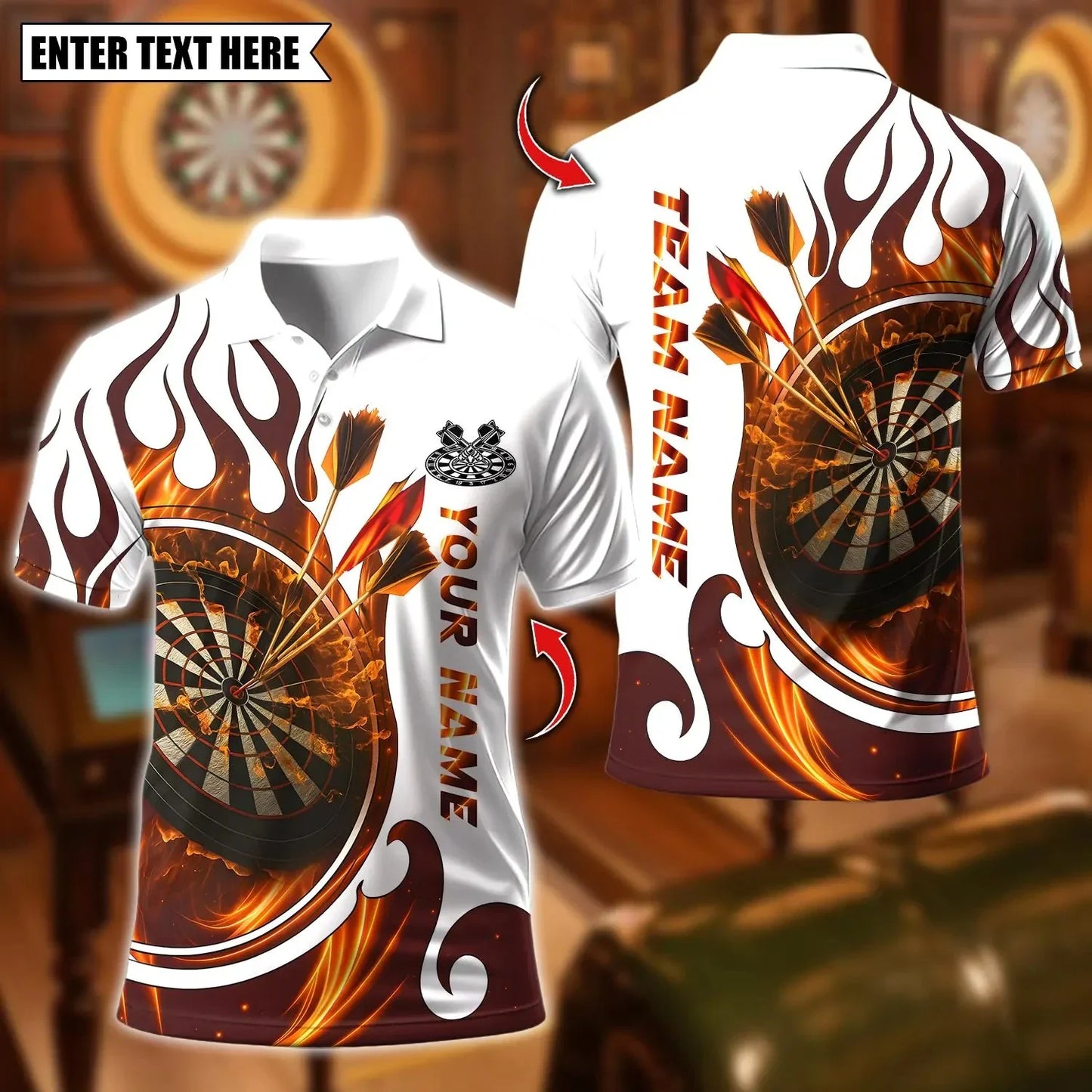 New Custom Name Dart Polo Shirt, Flaming Dartboard Design, Personalized Team Shirt for Men, Gift for Darts Players