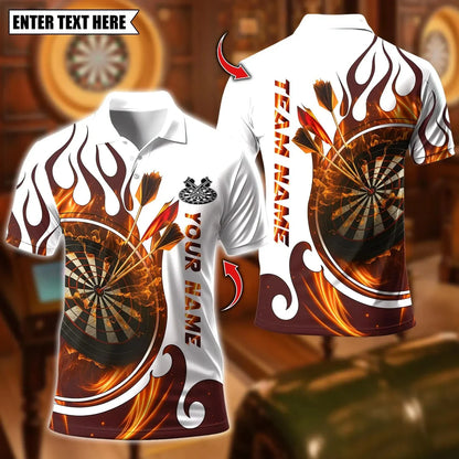 New Custom Name Dart Polo Shirt, Flaming Dartboard Design, Personalized Team Shirt for Men, Gift for Darts Players