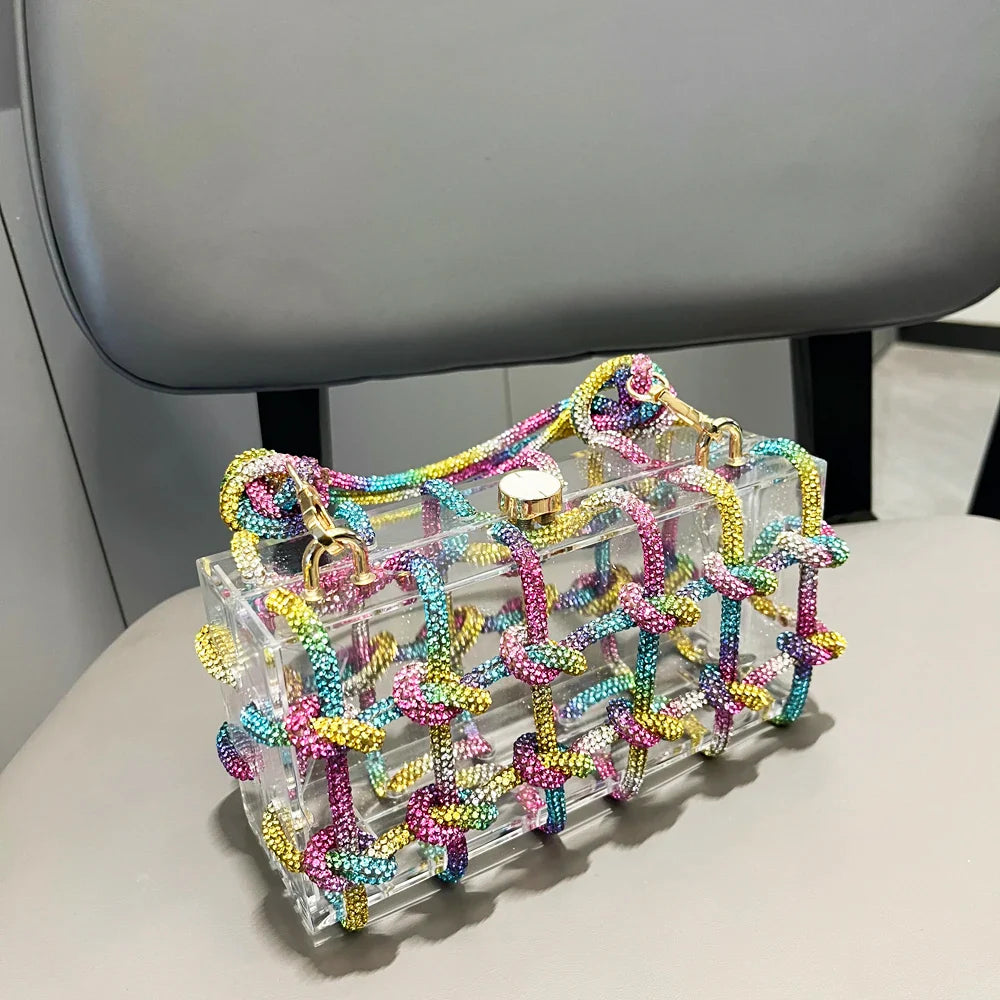 Bolsa de Noite com Alça e Strass Prateada de Cristal Feita à Mão para Mulheres, Bolsas e Bolsas de Mão de Designer de Luxo para Banquete