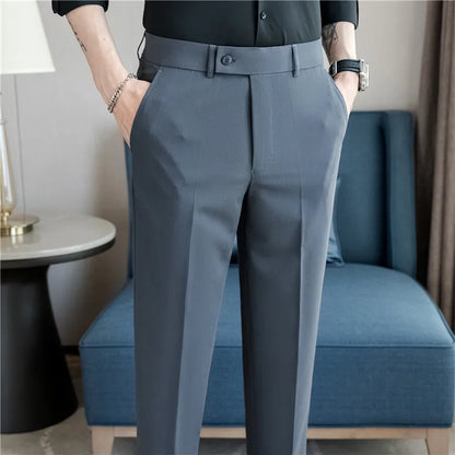Stretch Solid Color Men's Trousers, Suitable for Business Casual, Parties, Formal Events, and Ankle-length Slim Pants.28-40