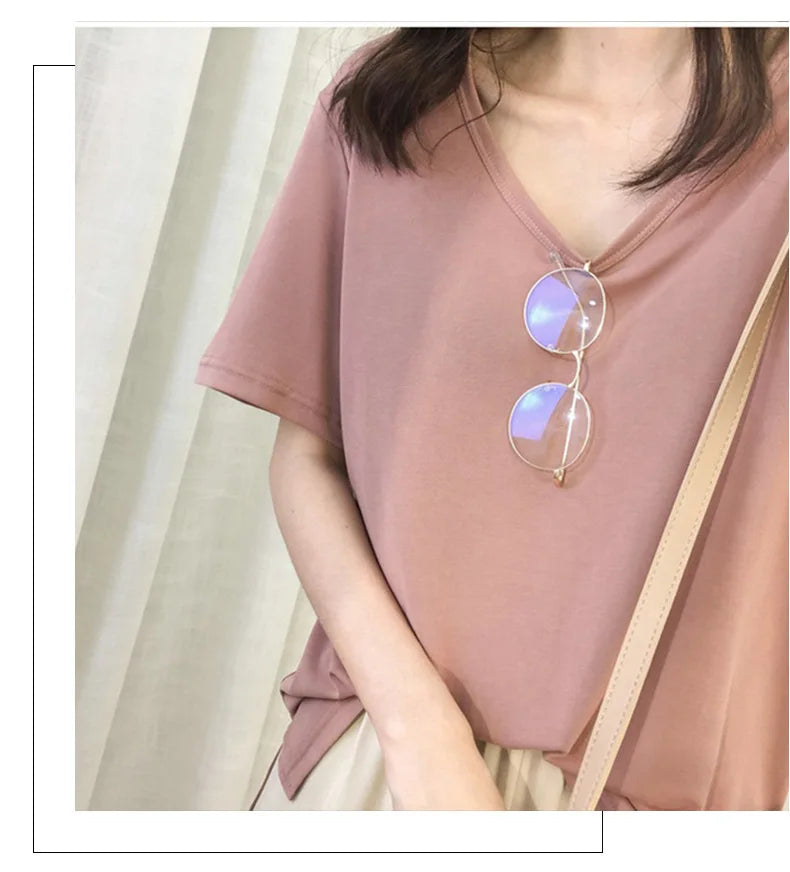 1pcs Girls Summer Solid T-shirts Women Classic Basic Fashion Tees Students Short Sleeve Loose Tops Female V Neck Comfort Tshirts