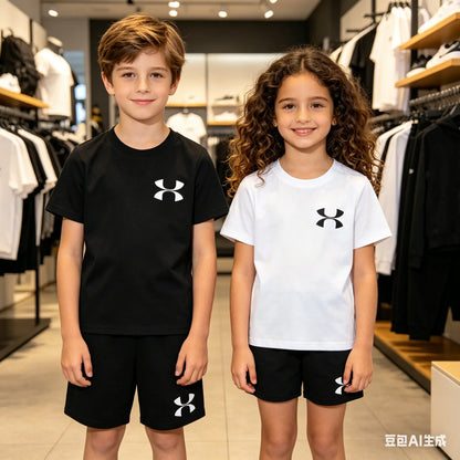 Fashion Two-Piece Casual t-shirt Set Kids  Summer Sports Short-Sleeved Boy Girl 3-13Yrs  T-shirt +Shorts
