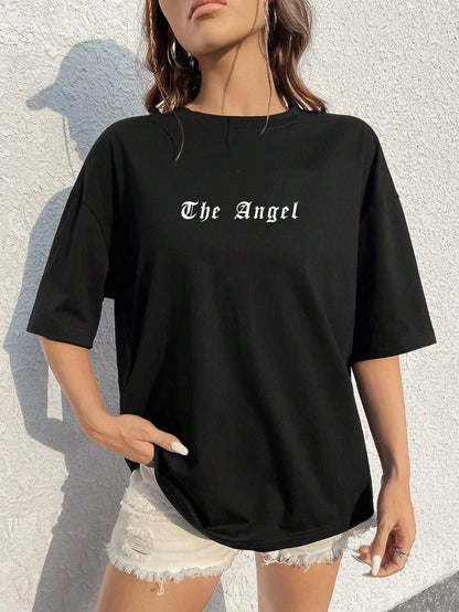 Camisetas estampadas de asa de anjo preta venda quente para mulheres, roupas largas oversized, camiseta de rua hip hop, algodão, manga curta
