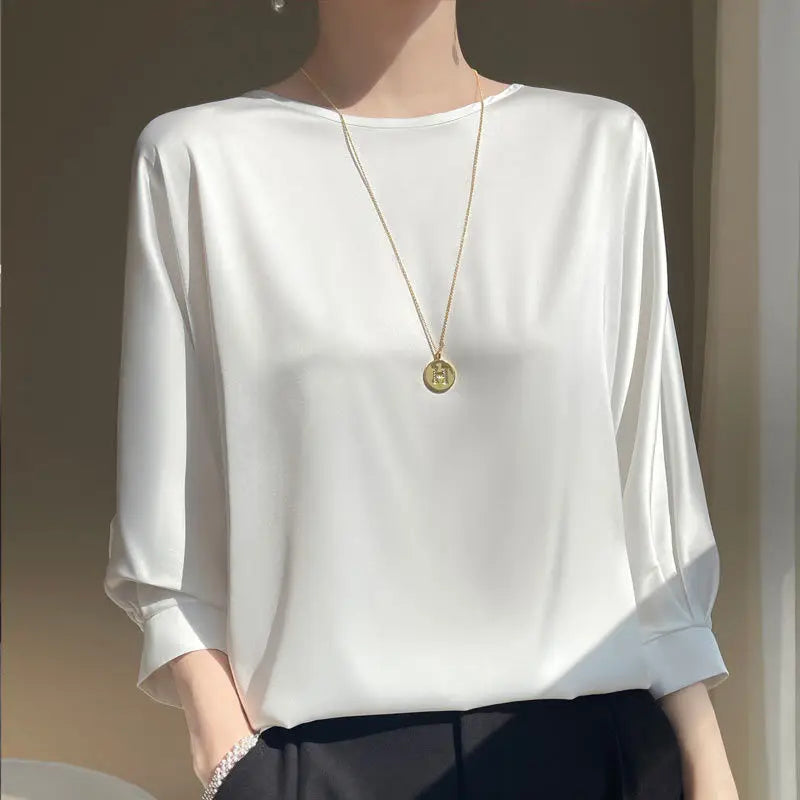 2026 New In Summer Satin Silk Half-Sleeve Tee Tops Basic Solid Women‘s T-Shirt Casual O-neck Thin Shirts Ladies Loose Blouses