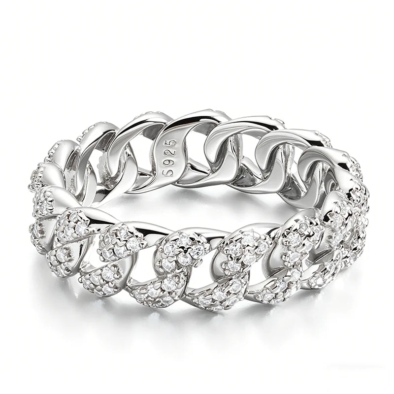 Moissanite Iced Out Cuban Link Rings Pure 925 Silver Bling Hip Hop Chain Ring for Women Men Couple Jewelry D Vvs1 Band