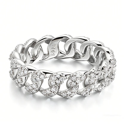 Moissanite Iced Out Cuban Link Rings Pure 925 Silver Bling Hip Hop Chain Ring for Women Men Couple Jewelry D Vvs1 Band