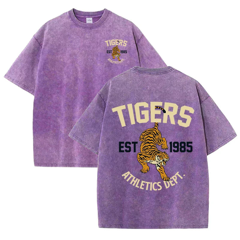 Est 1985 Sport Print Washed Women T-Shirt Summer Casual Retro T Shirts Snow Wash Tee Top Loose Unisex Retro Streetwear