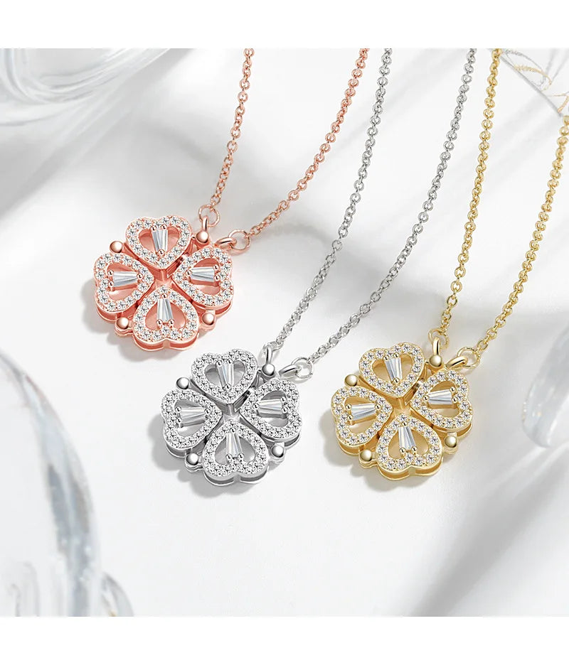 Transform Luxury Four Leaf Clover Pendant Necklace  Stainless Steel Crystal Gold Color Heart Jewelry for Women Gift