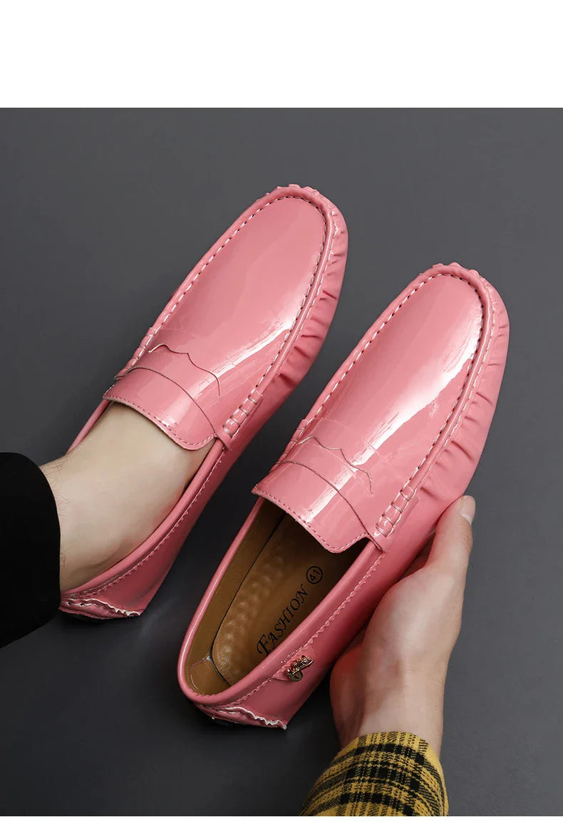 Patent Leather Beanie Shoes Men's New Spring and Summer Large Size Patent Leather Casual British Leather Shoes Women's Slip-On Lazy Casual Shoes Handmade Shoes