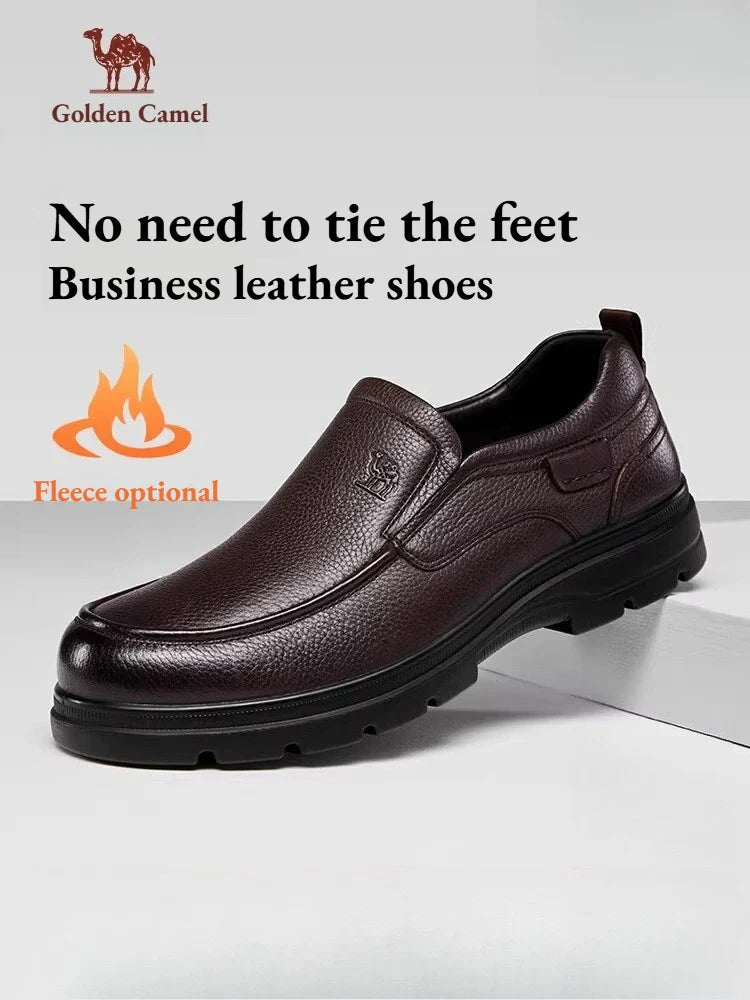 Golden Camel Men's Shoes 2026 New Business Casual Soft Sole Leather Shoes Brand Design Soft Soles Non-slip Velvet Warm Loafers