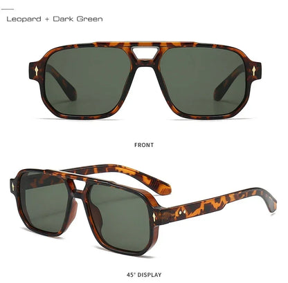 Vintage Double Bridges Men Square Sunglasses Fashion Green Ocean Lens UV400 Eyewear Women Trending Rivets Sun Glasses