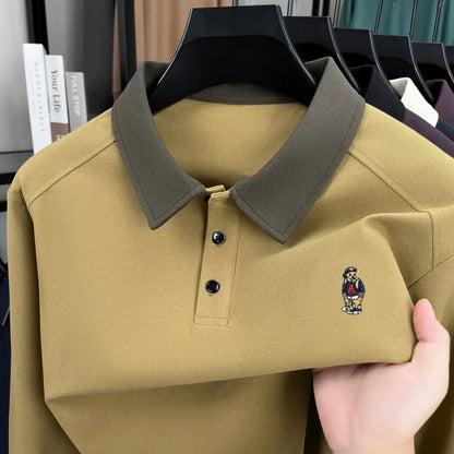 Premium luxury men's long sleeve polo shirt brand cartoon bear embroidery Korean style fashion comfort autumn new lapel T-shirt
