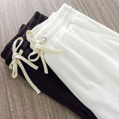 Men Shorts Solid Color Mid Waist Summer Motion Waffle Texture Deep Crotch Drawstring Male Shorts Loose Knee Length Casual Short