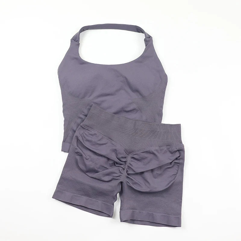 Seamless Yoga Set Womens Backless Halter Tank Top Ribbed Waist Gym Shorts 2 Piece Sets Women Outfit Workout Clothes