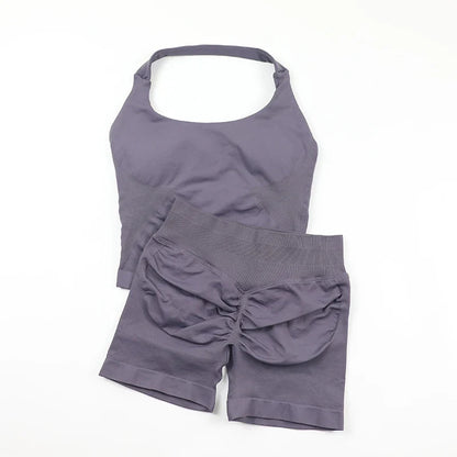 Seamless Yoga Set Womens Backless Halter Tank Top Ribbed Waist Gym Shorts 2 Piece Sets Women Outfit Workout Clothes