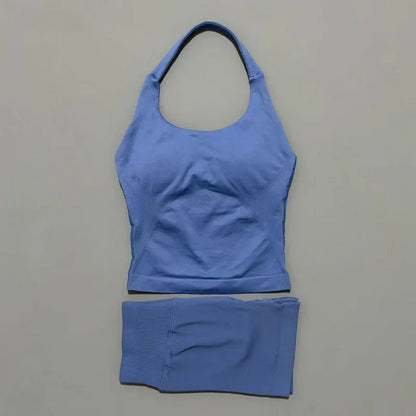 Women Seamless Gym Set 2Pcs Halter Neck Sports Crop Top High Waist Scrunch Butt Shorts Workout Fitness Yoga Tracksuit Sportswear
